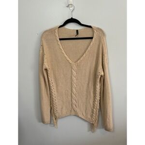 On Twelfth Knit Fringe Sweater Beige V Neck Casual Women's‎